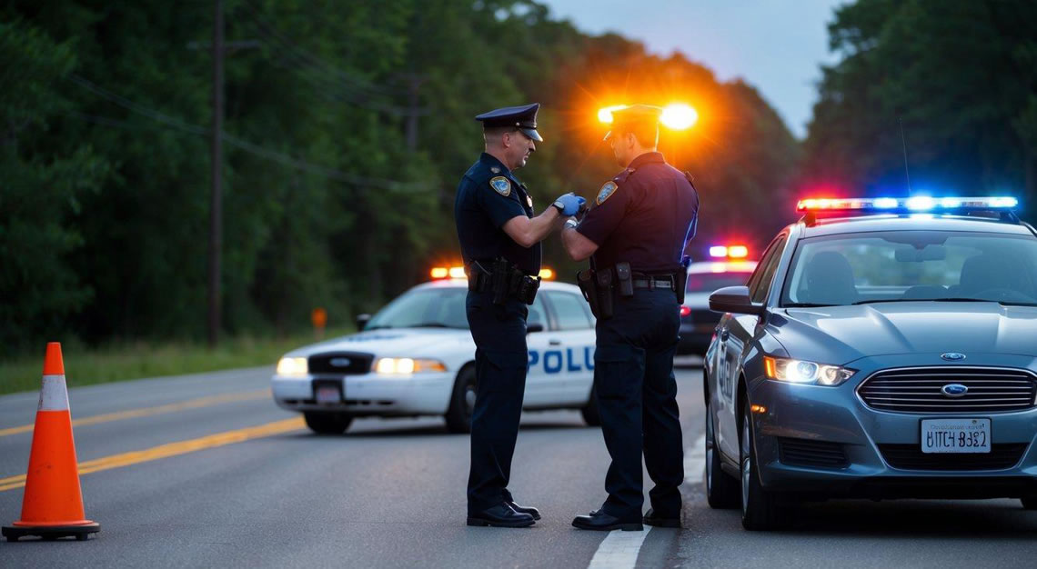 A car pulled over on the side of the road, with flashing police lights and an officer conducting a field sobriety test