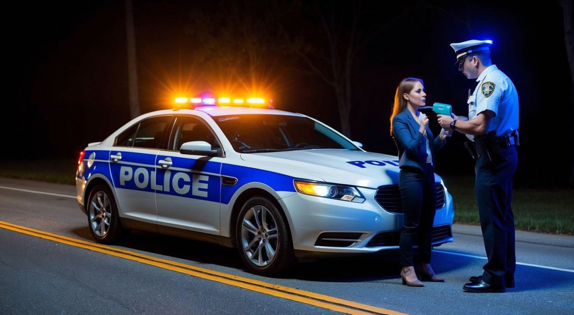 A car pulled over on the side of the road at night, with flashing police lights and a breathalyzer test being administered to the driver