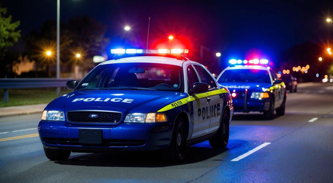 A car pulled over by police at night with flashing lights