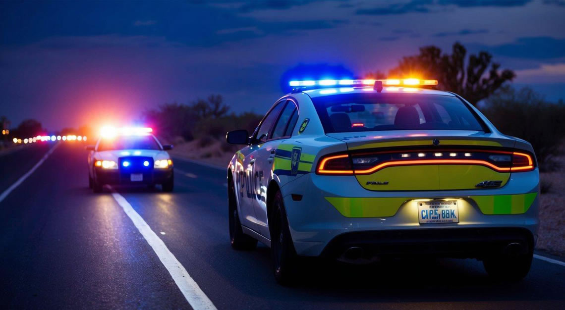 A person's car being pulled over by a police car with flashing lights on a dark Arizona road