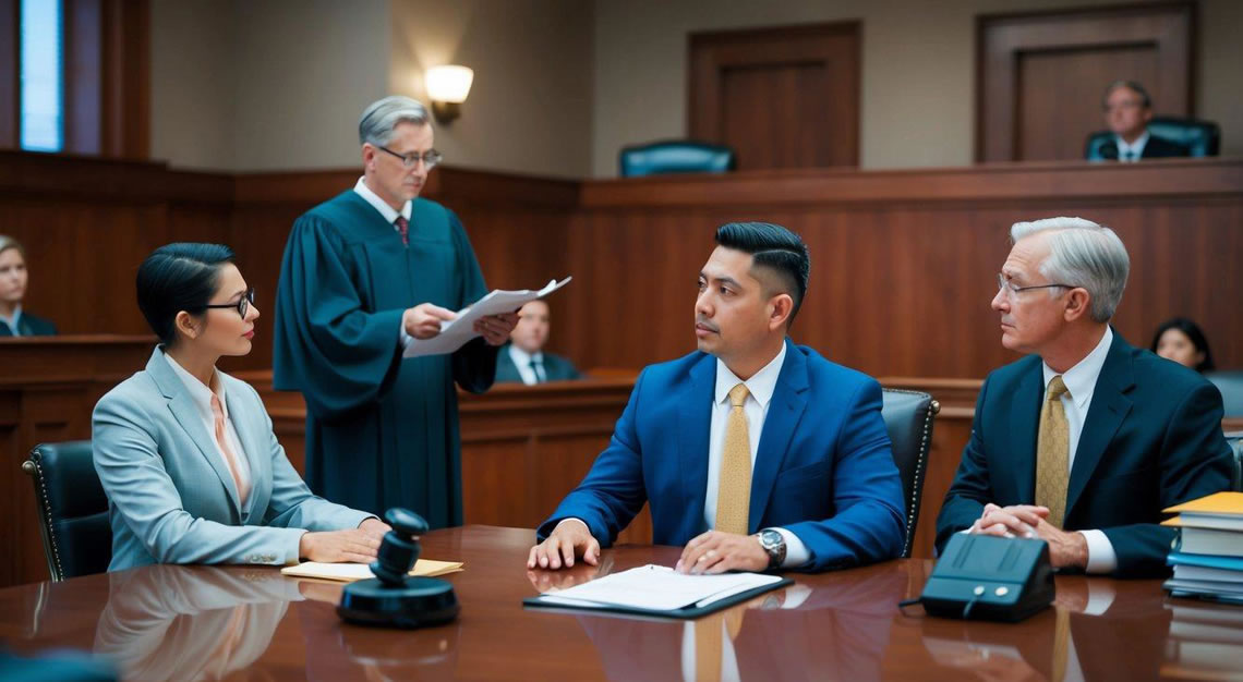 A person sitting in a courtroom with a lawyer, judge, and jury, discussing a DUI case in Arizona