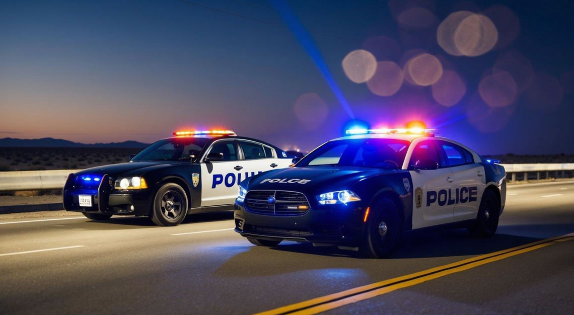 A car being pulled over by a police car with flashing lights on a desert highway at night